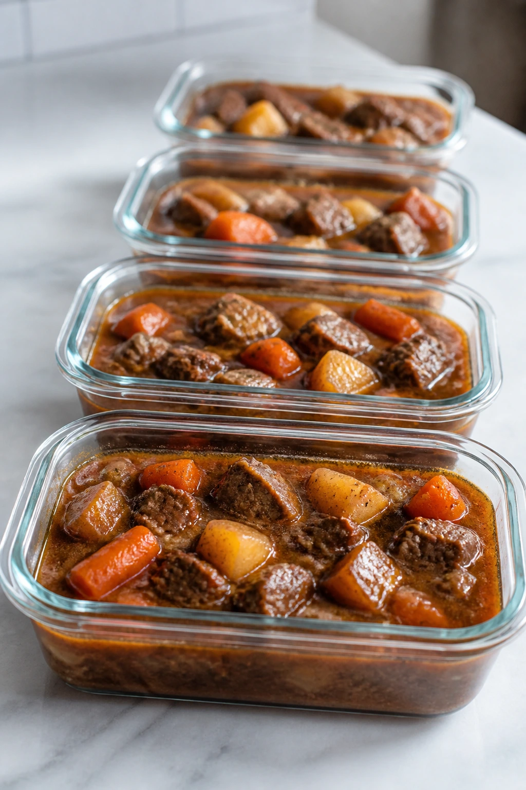 Storage containers filled with beef stew on a counter