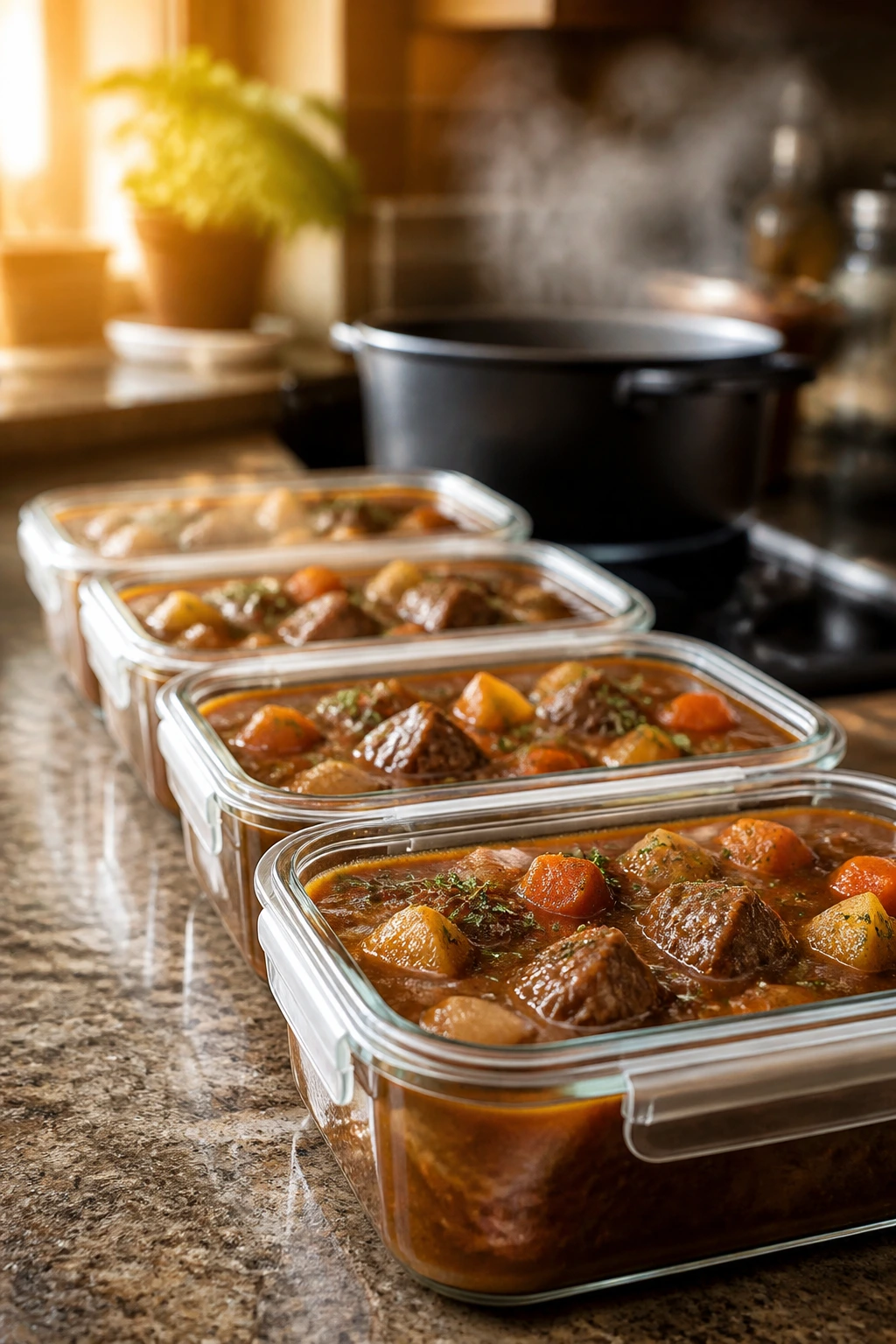 Row of glass storage containers with stew on a kitchen counter