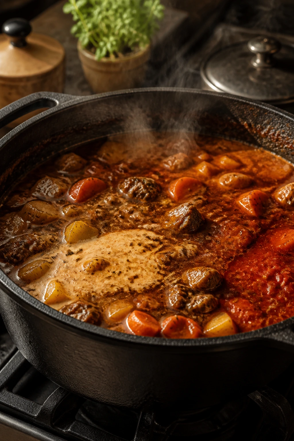 Stew simmering in a cast-iron pot on a stove