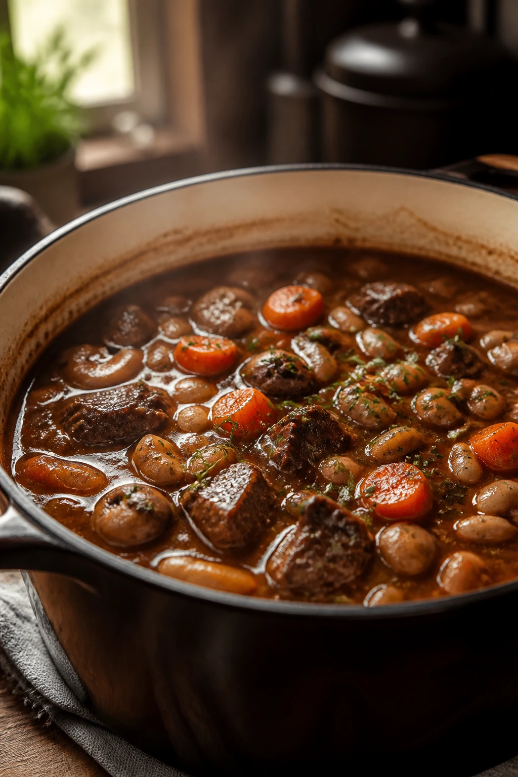 Hearty stew with carrots, mushrooms, and beans in a rustic pot