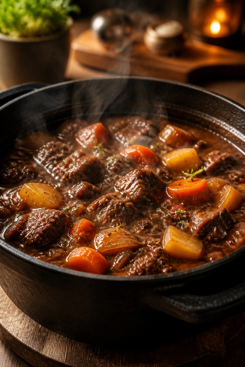 Close-up of bubbling beef stew in a cast-iron pot with steam in a cozy kitchen