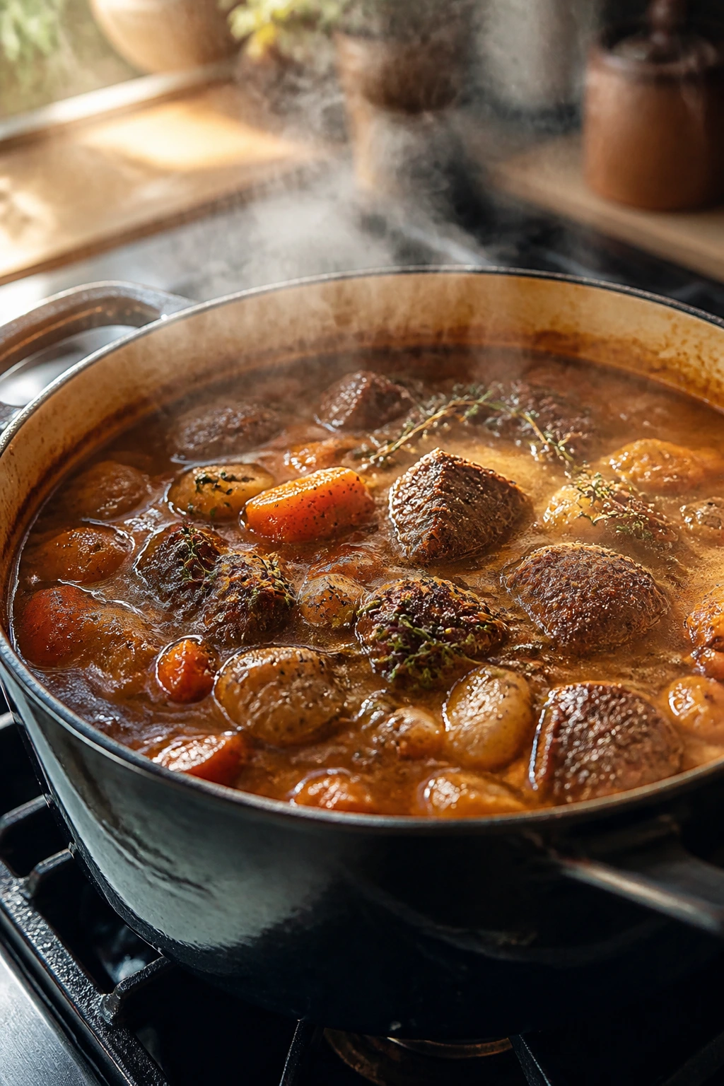 Steaming pot of hearty stew on a stove with meat and vegetables visible