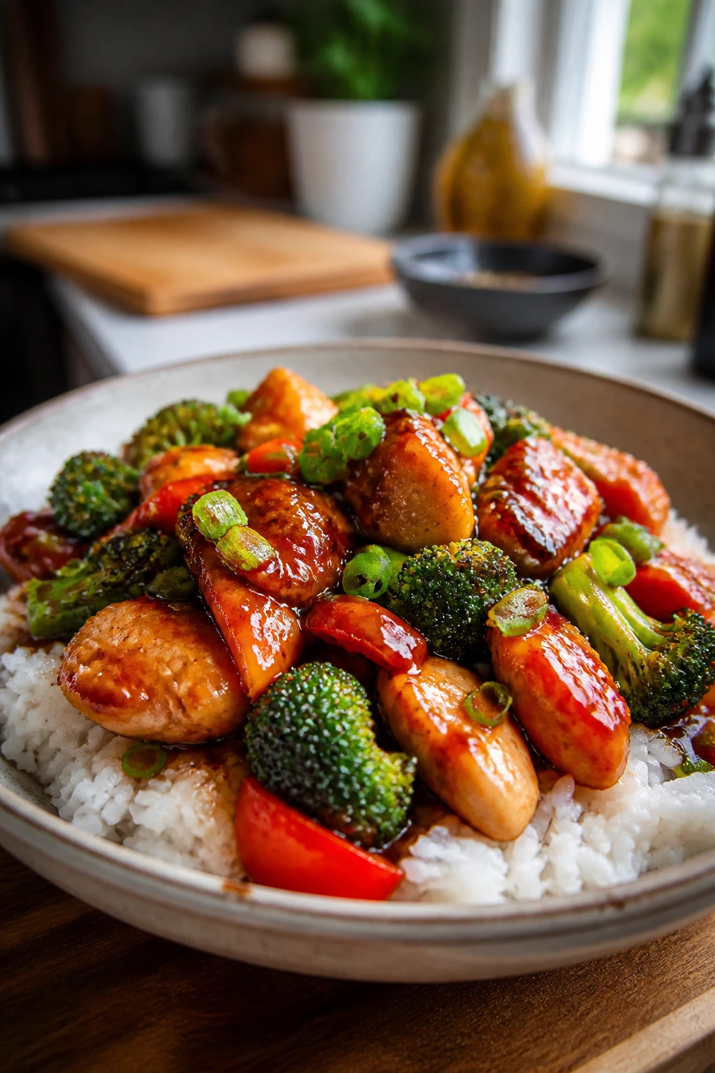 Plated sticky Asian chicken dinner over jasmine rice with vegetables