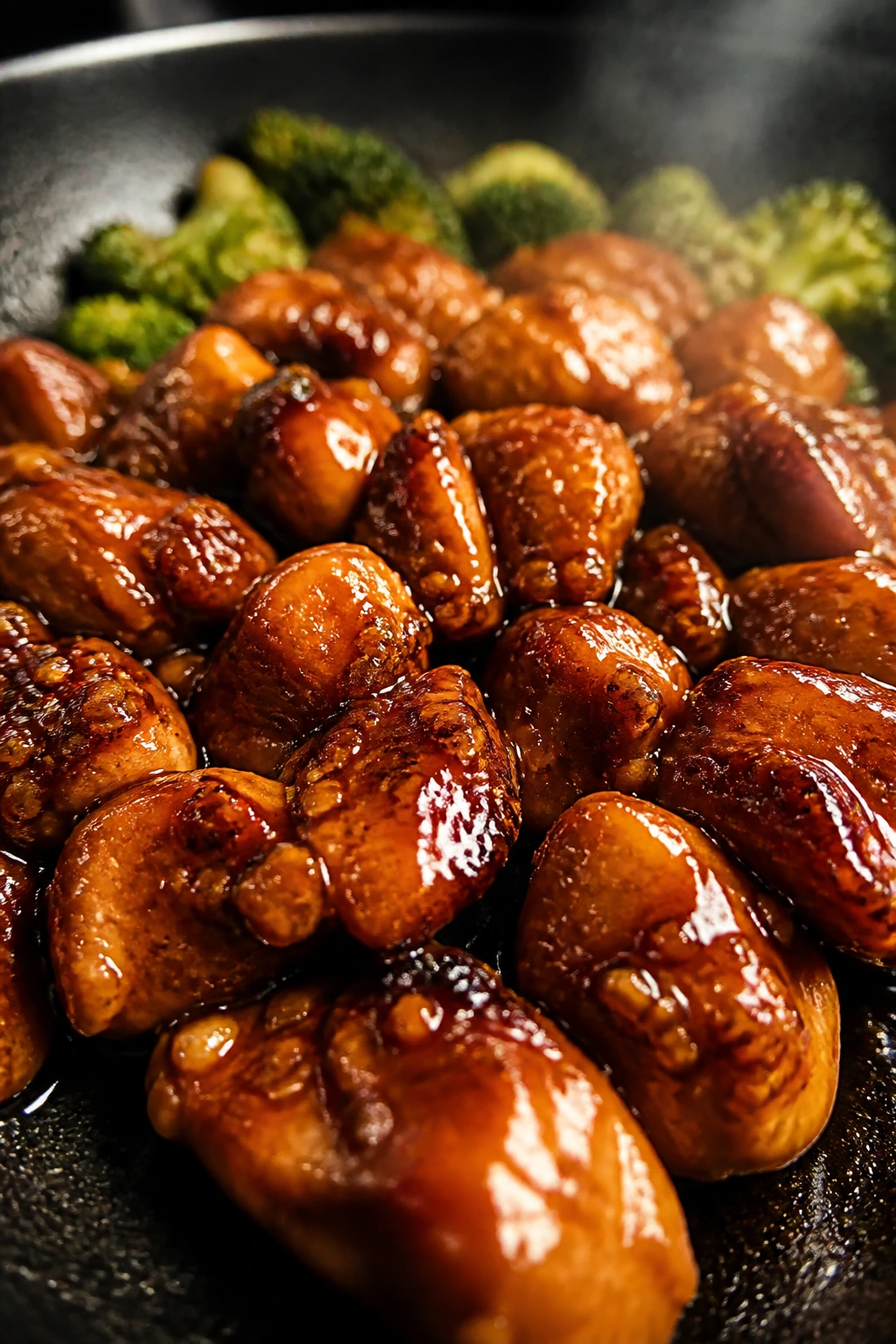Close-up of lacquered sticky chicken in glossy sauce in a hot skillet