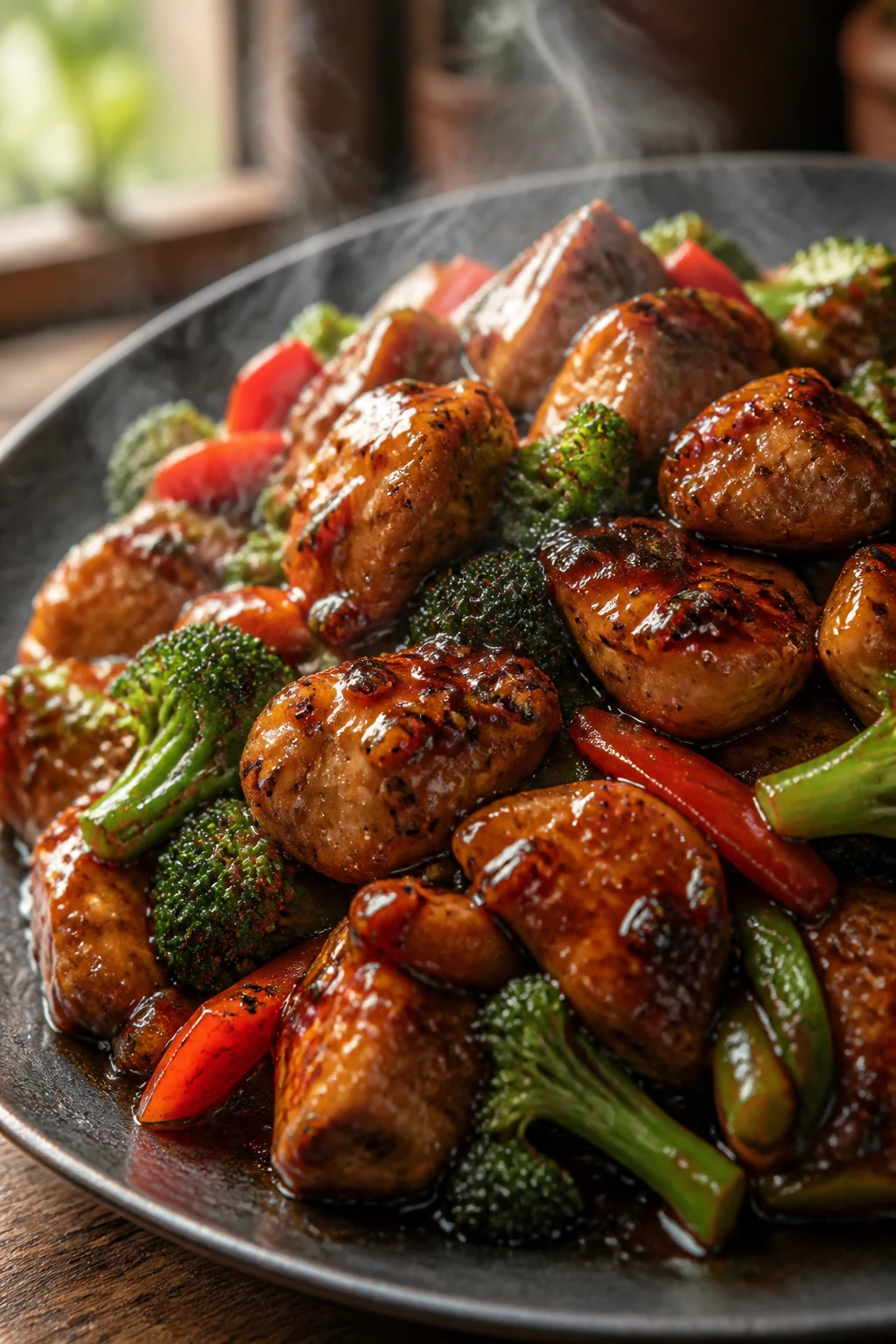 Glossy sticky chicken stir fry on a dark plate with broccoli and peppers, steam in a warm kitchen