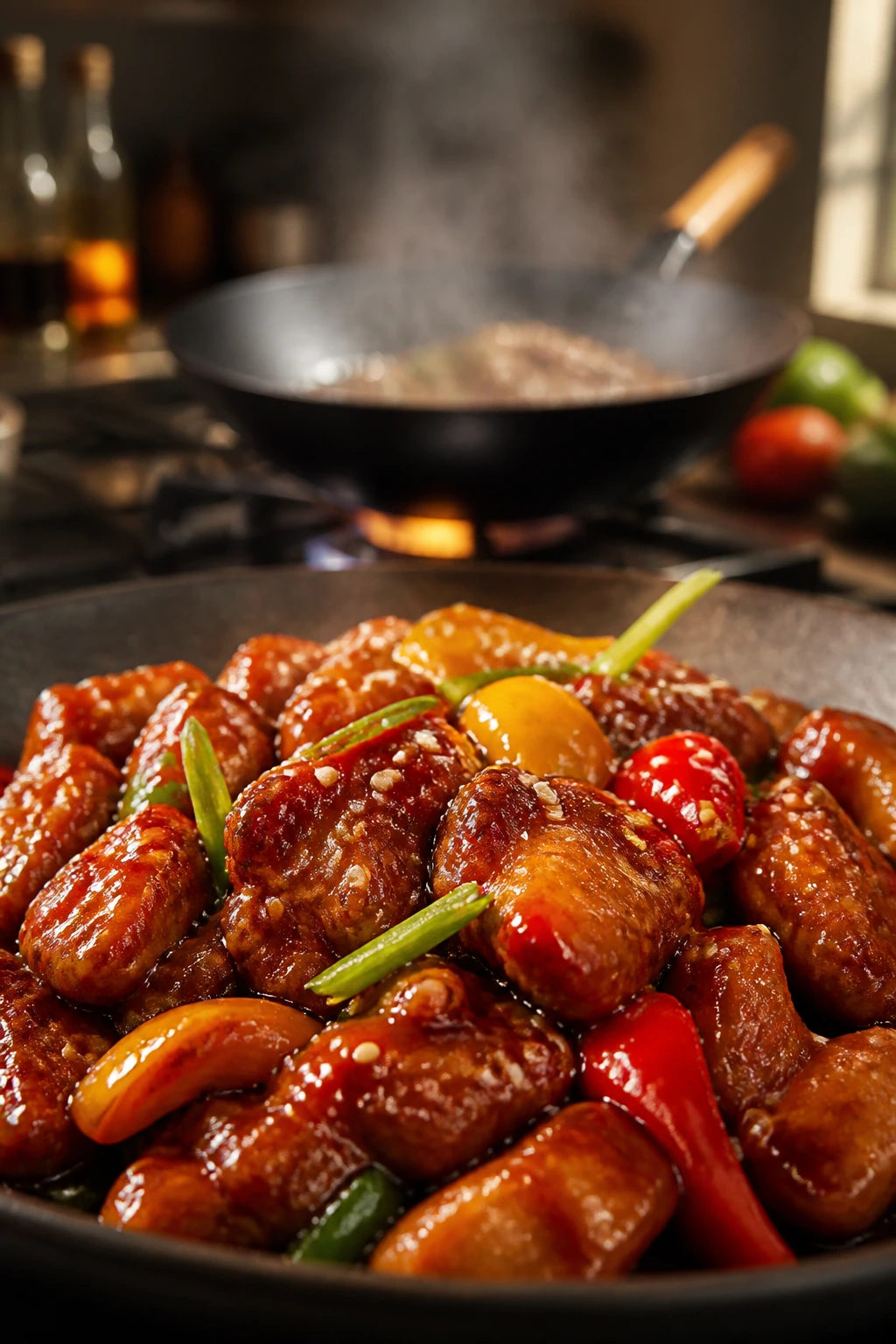 Close-up of glossy sticky glaze on crisp Chinese chicken with blurred vegetables in a wok kitchen