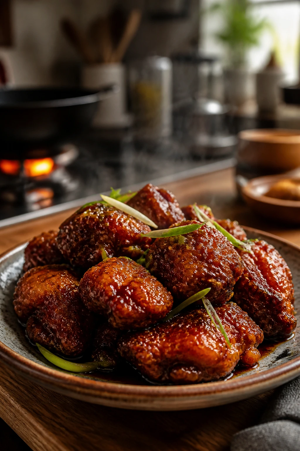 Close-up of glossy glazed home-cooked sticky Chinese chicken on a rustic plate in a warm kitchen