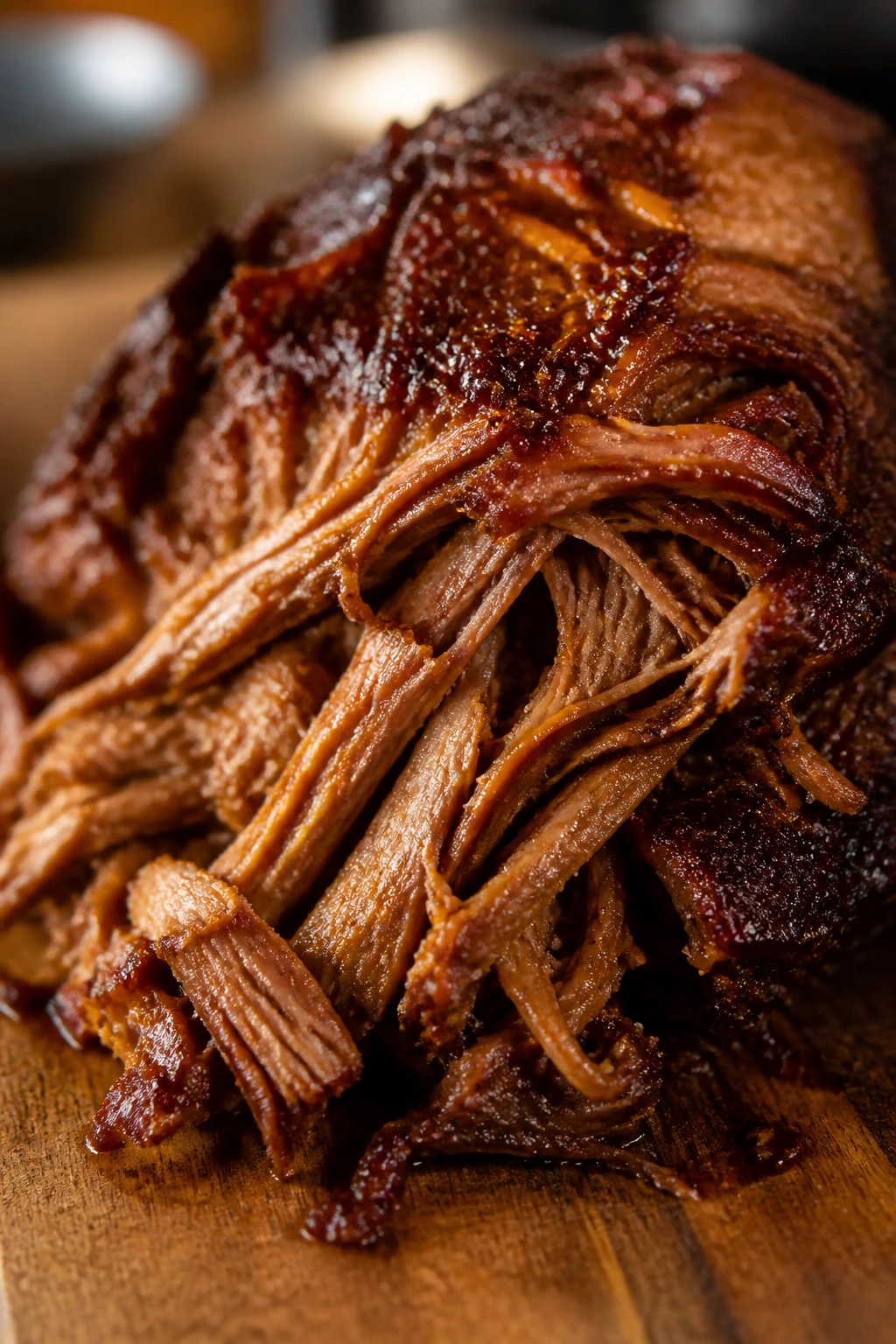 Close-up of glossy sticky-edged pulled pork on a wooden board