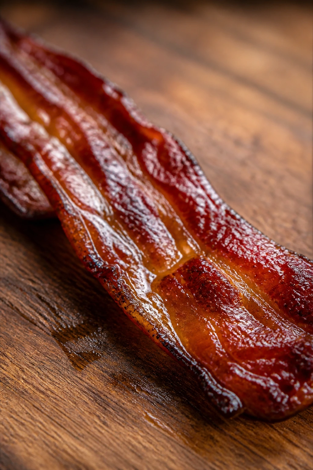 Glossy glazed bacon close-up with sticky caramel finish