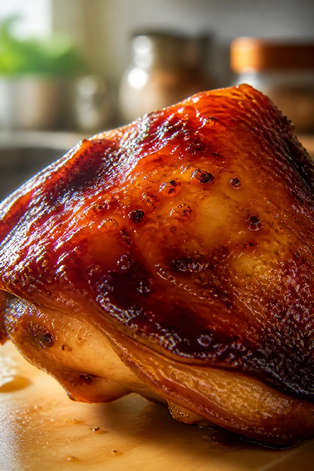 Close-up of a glossy glazed chicken thigh.