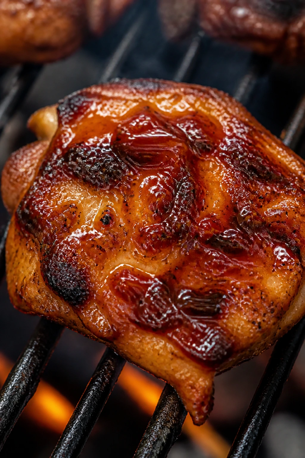 Close-up of a grilled chicken thigh with sticky honey BBQ glaze