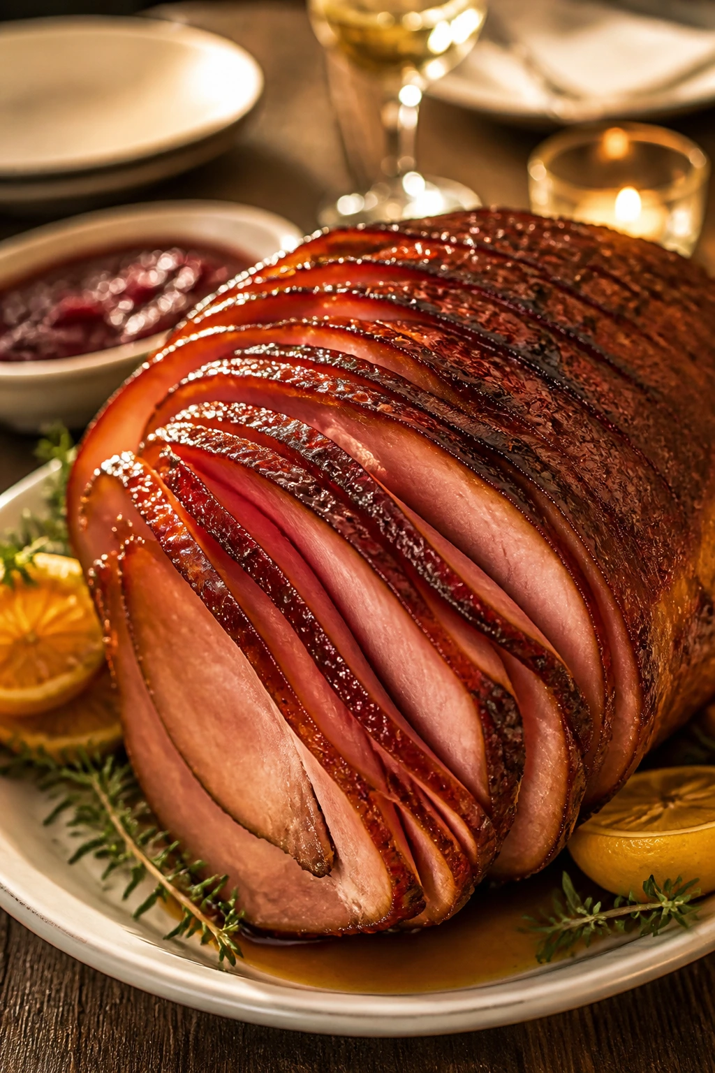 Close up of glossy sticky spiral ham on platter with warm lighting