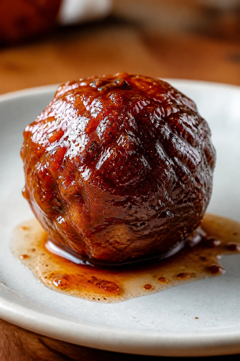 Glossy meatball with thick sticky glaze on simple plate