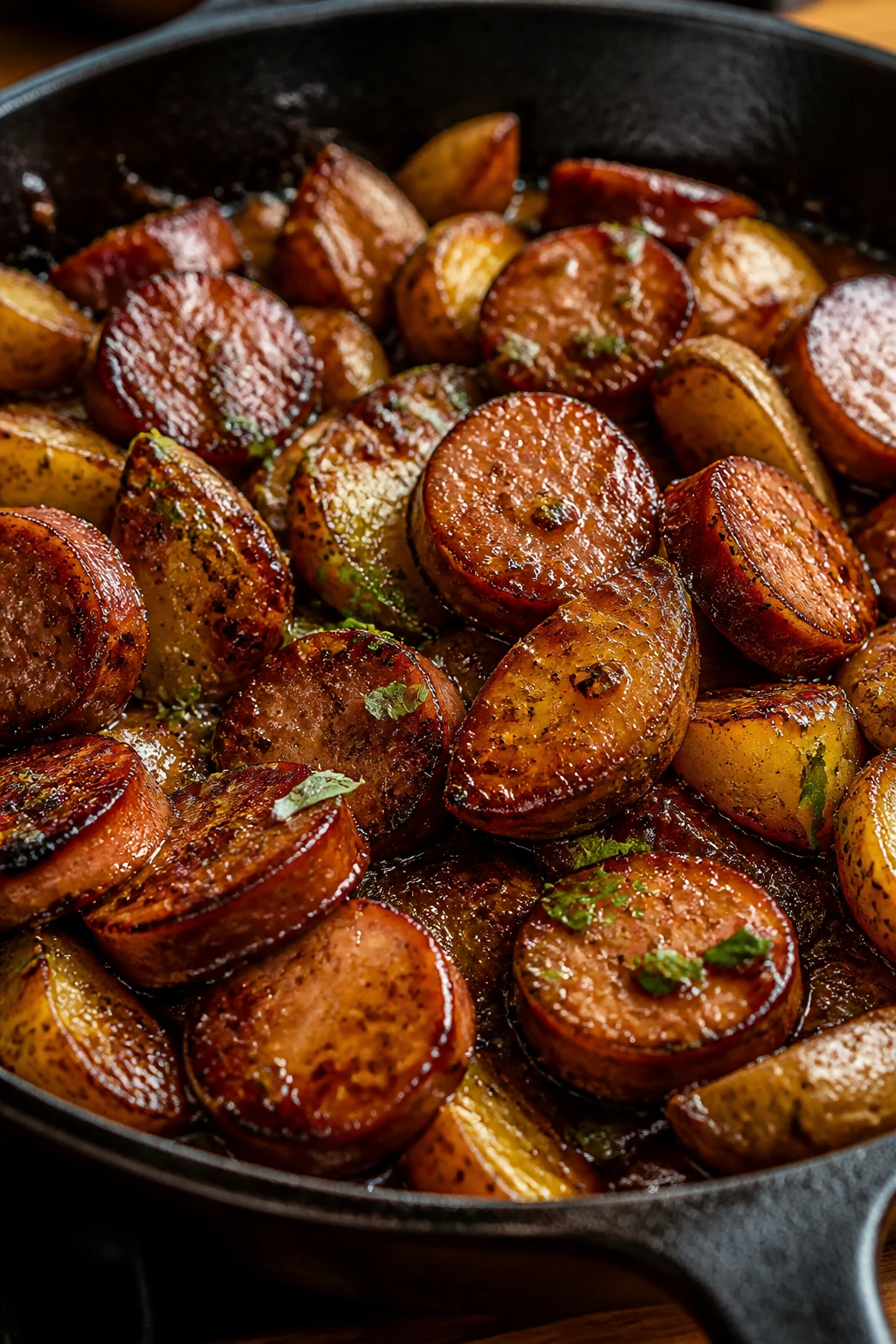 Glossy glazed sausage and potatoes in a skillet
