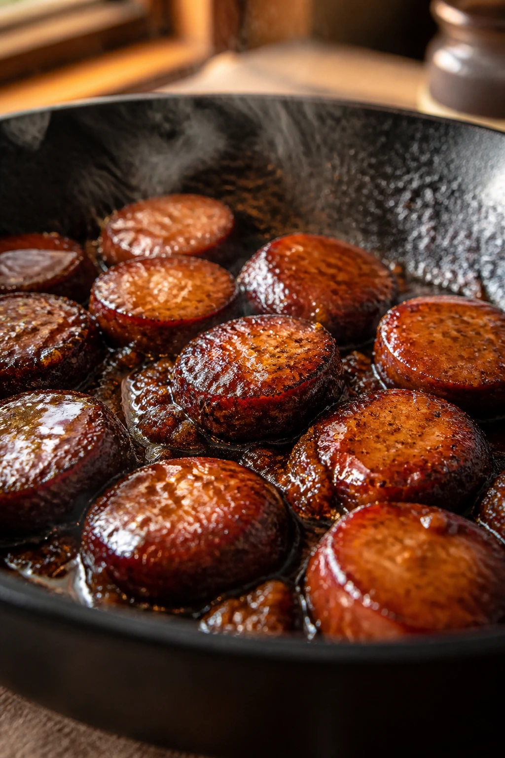 Close-up of browned smoked sausage with glossy brown sugar glaze in a skillet