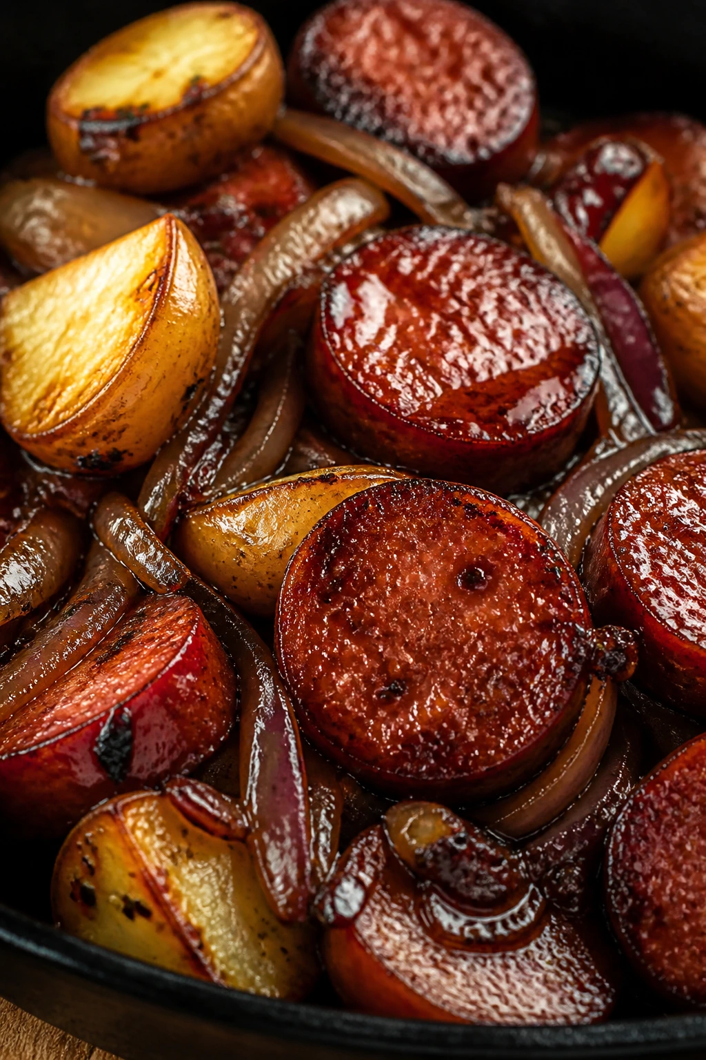 Close-up of glossy glaze on browned sausage with caramelized onions and potatoes