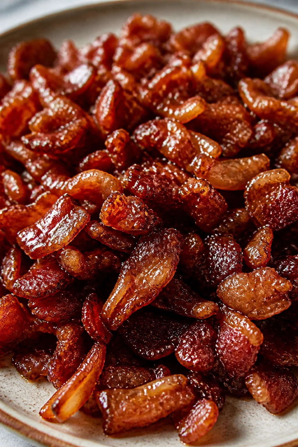 Glossy sticky bacon crumbles with brown sugar glaze on a plate