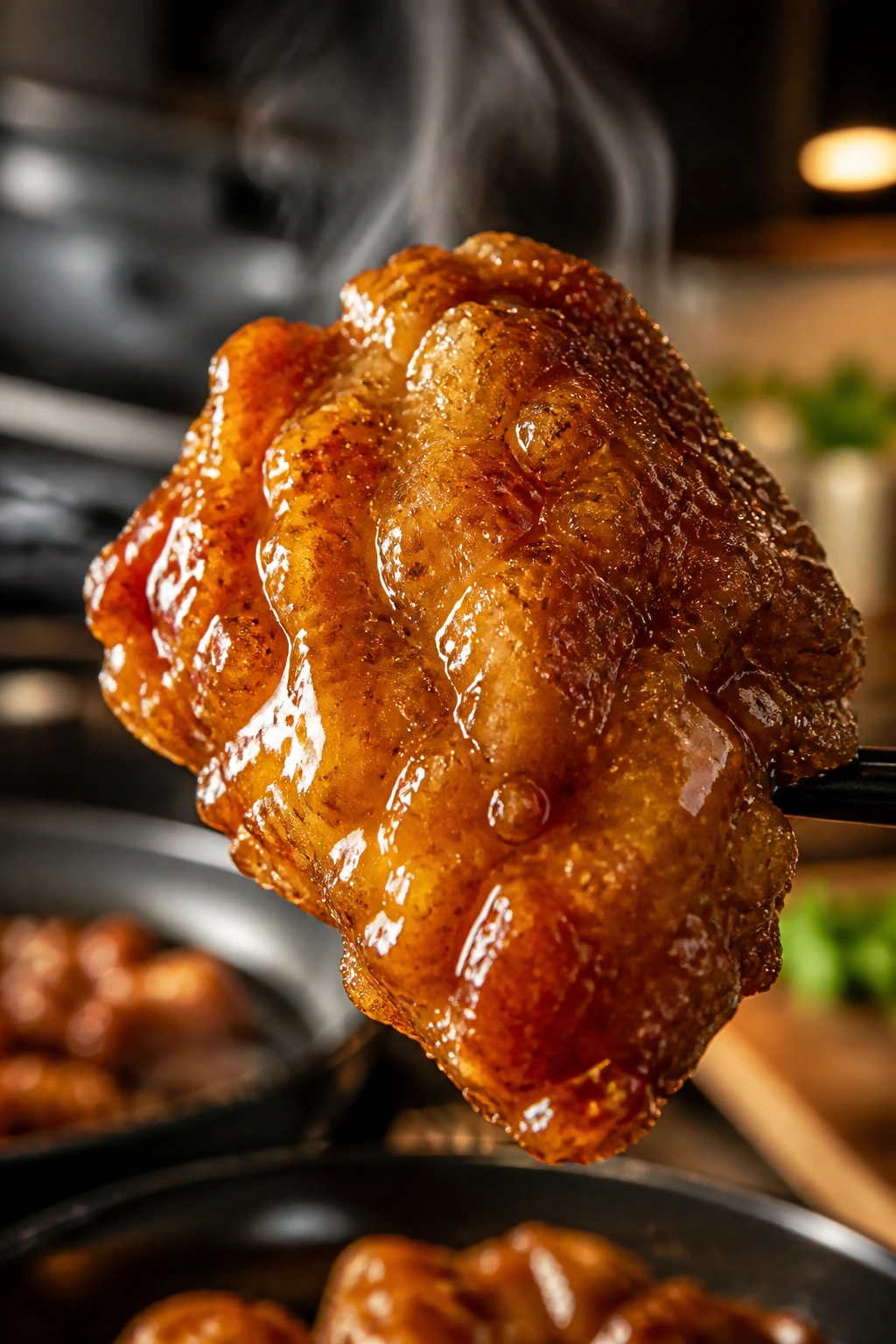 Crispy honey chicken with crackly crust and glossy glaze in home kitchen
