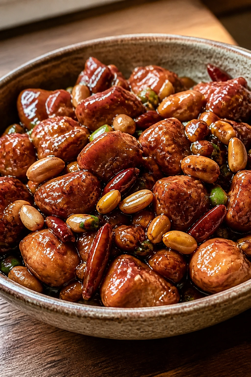 Close-up of glossy Sticky Kung Pao Chicken with peanuts and chiles