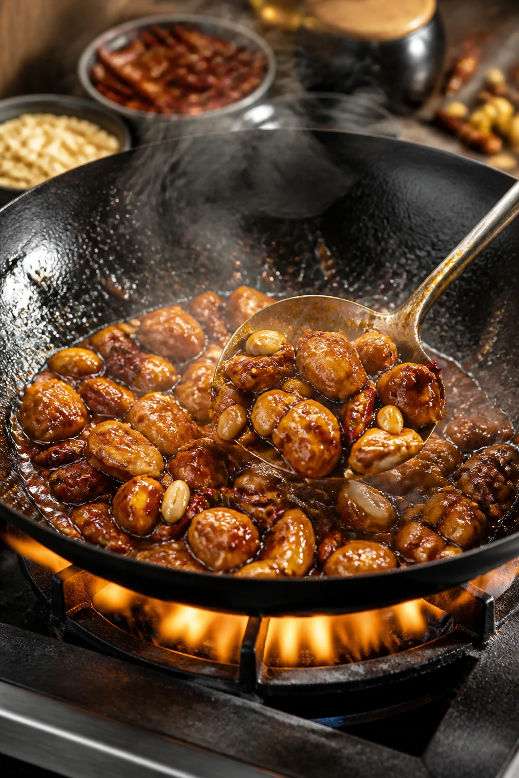 Action shot of sticky Kung Pao Chicken in a wok