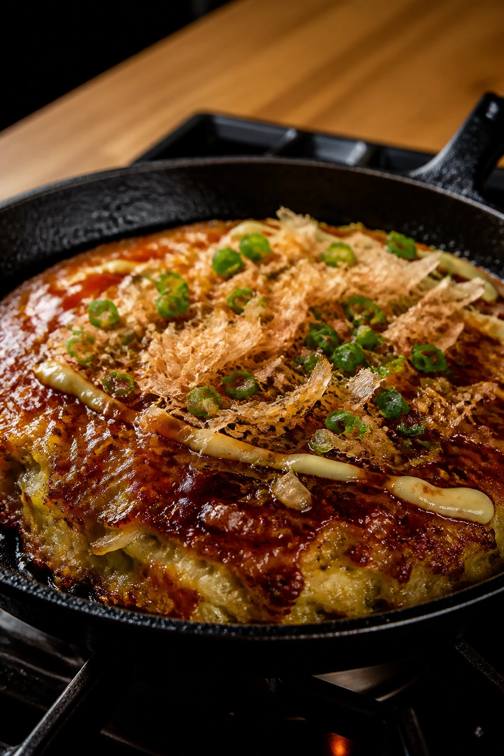 Close up of glossy sticky Japanese pancake in skillet with browned edges