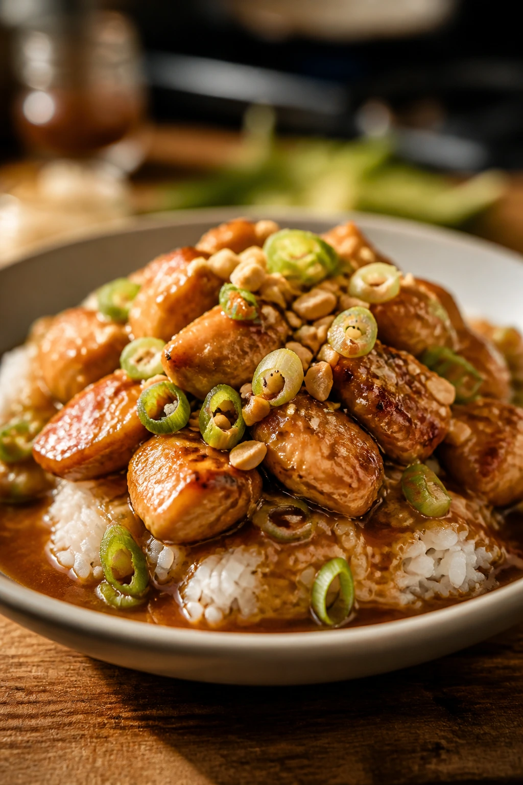 Close-up of sticky Thai peanut chicken over jasmine rice with glossy sauce.