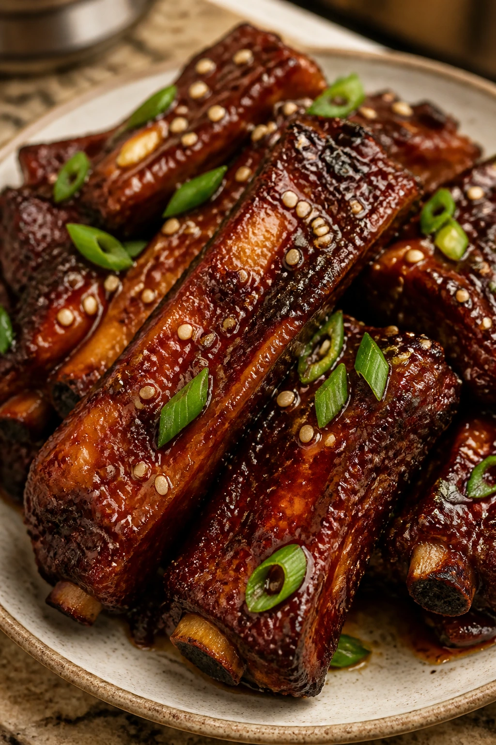 Glossy sticky Chinese ribs with sesame seeds
