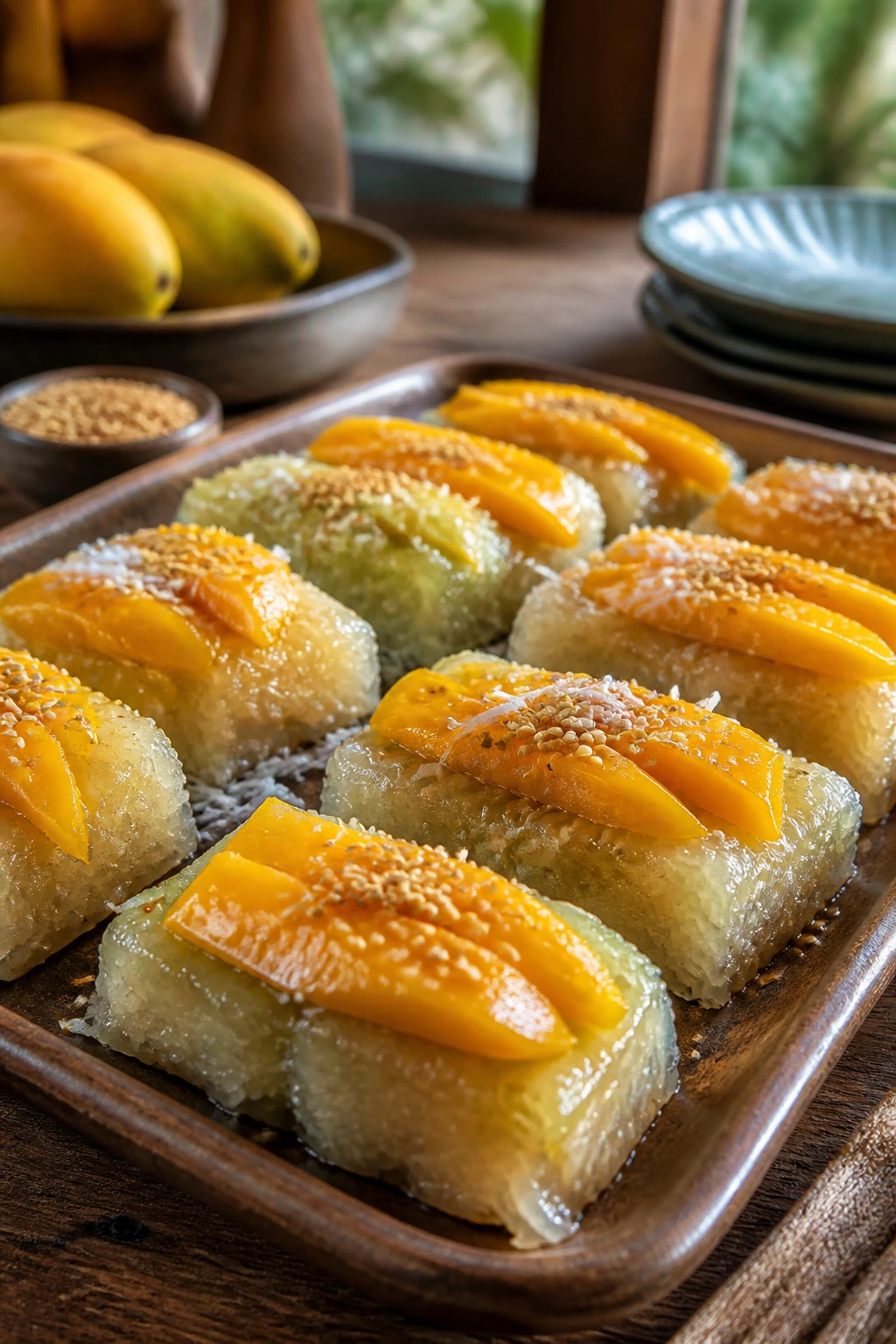 Close-up of glossy sticky rice cakes with mango sesame and coconut toppings.