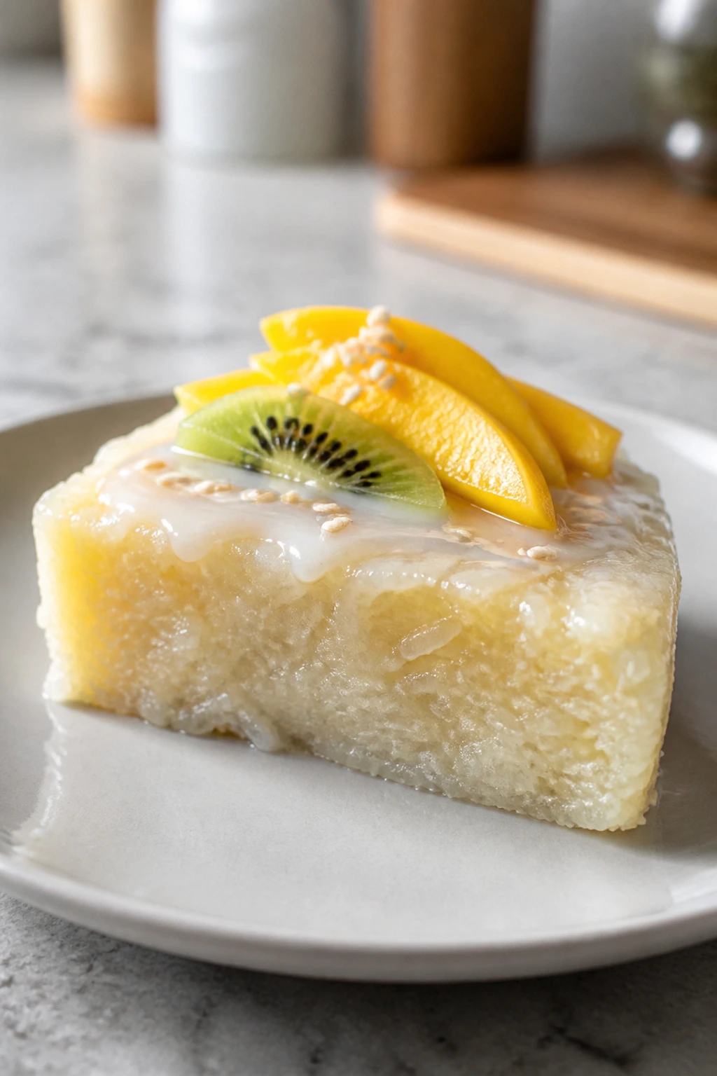 Slice of sticky rice cake on a plate with fruit in a kitchen setting.