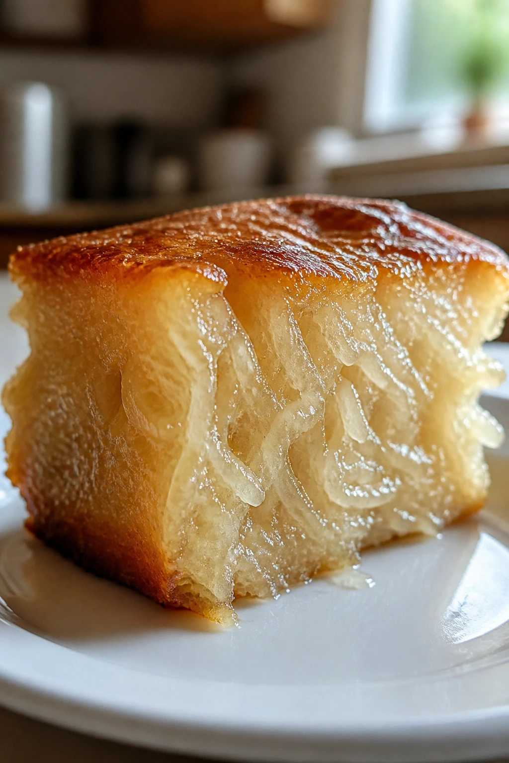 Close-up of a glossy sticky rice cake slice showing elastic crumb and shine