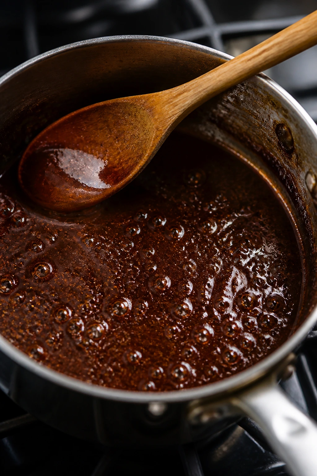 Glossy braising sauce simmering in a pan with a spoon at the edge