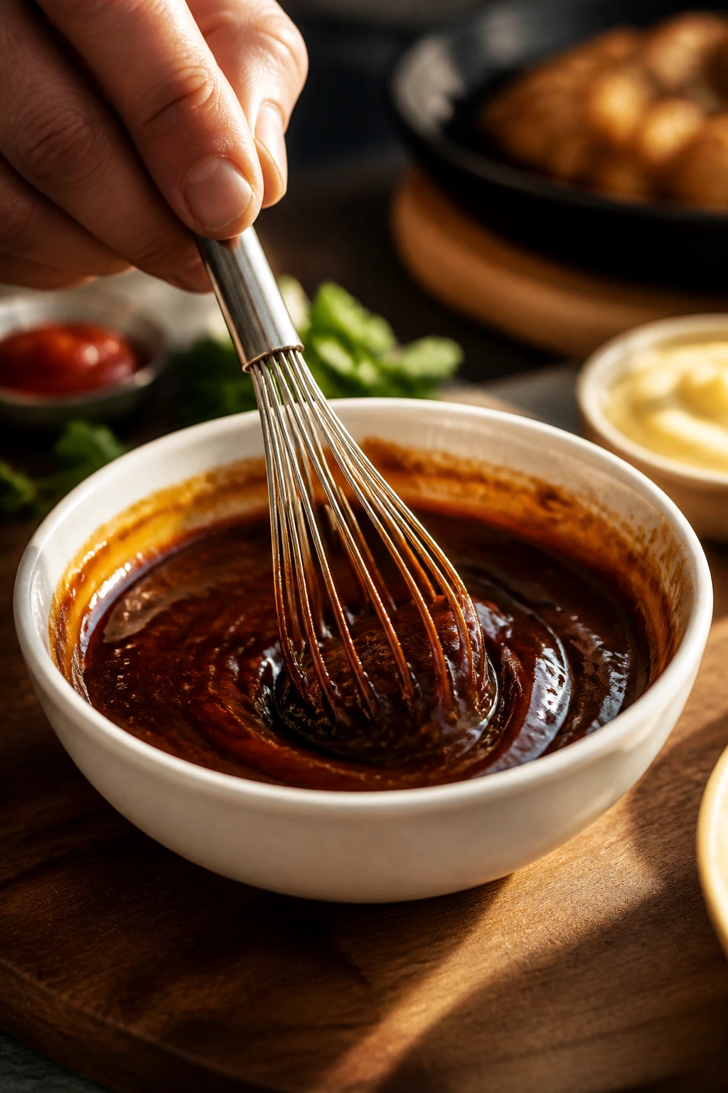 Close-up of glossy sticky sauce being whisked in a small bowl, warm kitchen setting