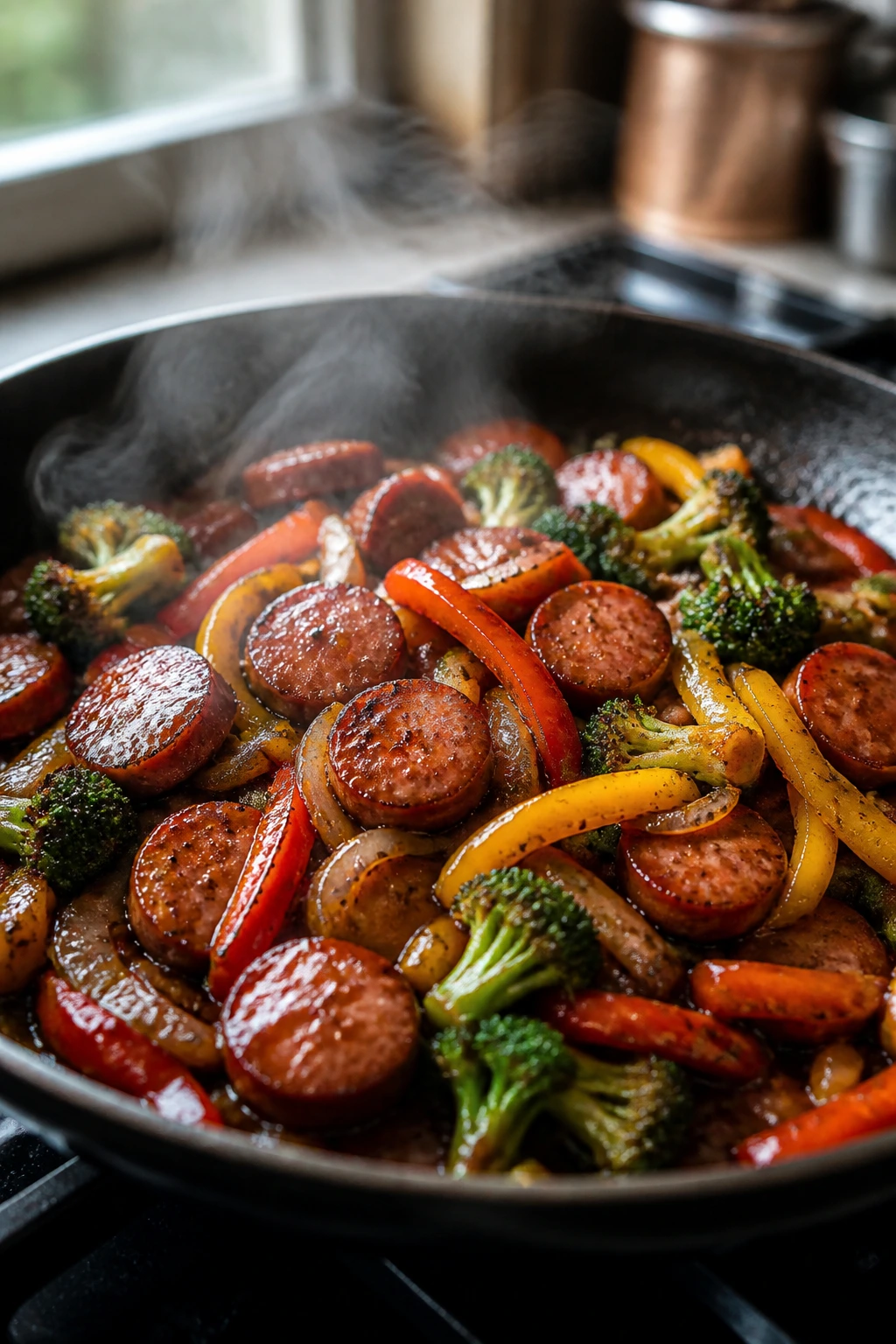 Close-up of sticky smoked sausage stir fry in a skillet with peppers and broccoli
