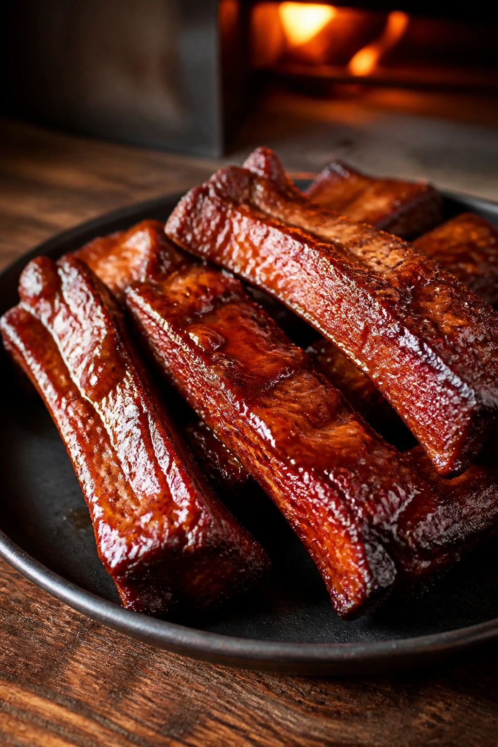 Seitan ribs with glossy maple BBQ glaze on dark plate
