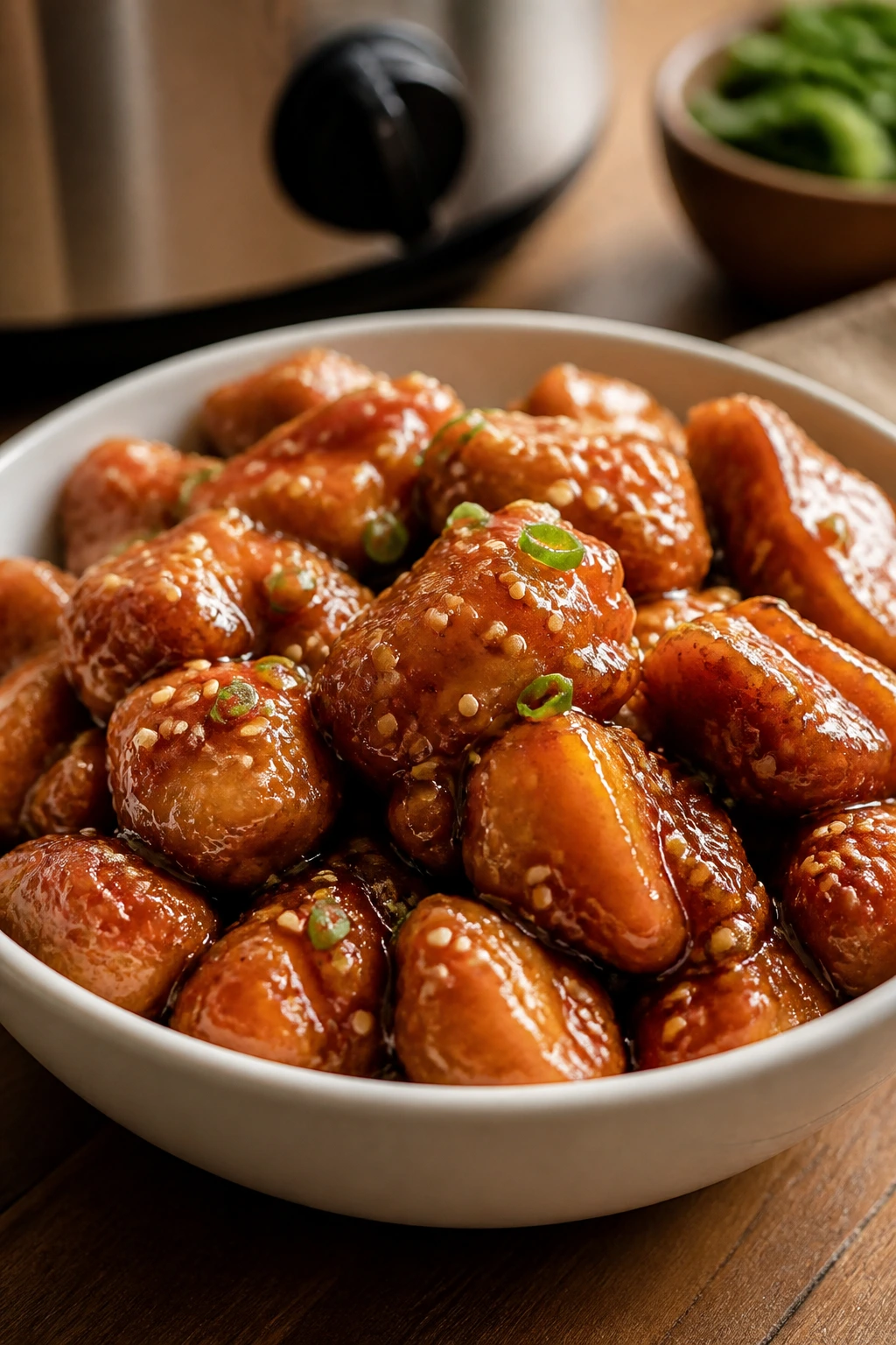 Sticky sesame chicken in glossy sauce with sesame seeds