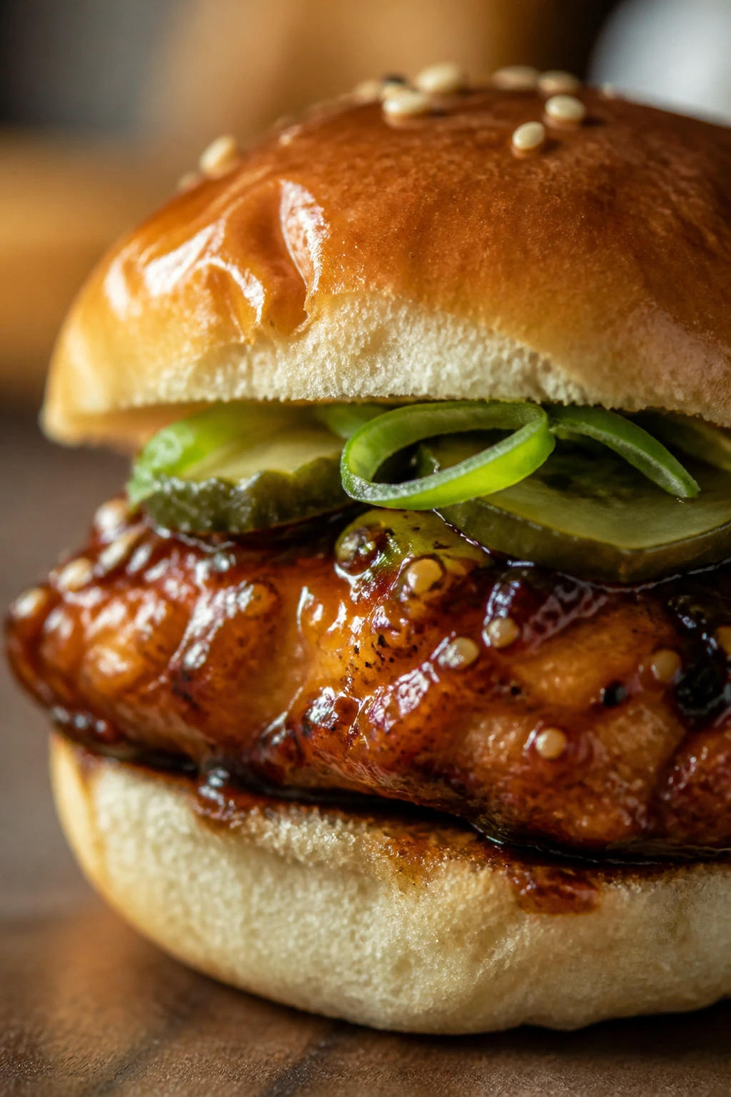 Close-up of a glazed slider bun with glossy coating