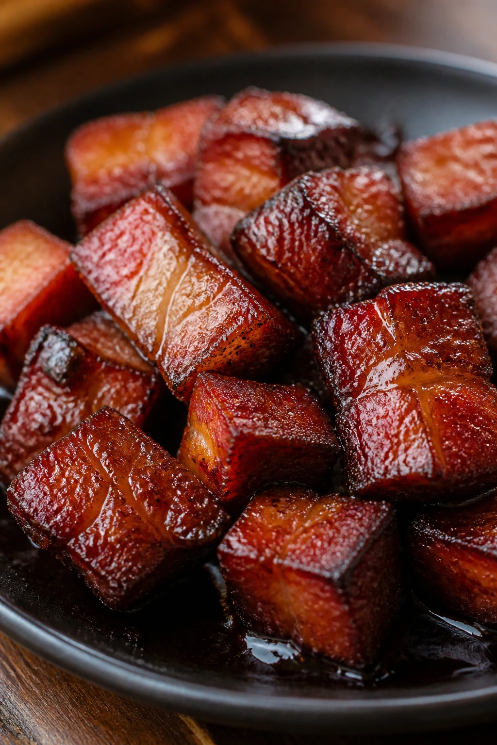 Close-up of glossy pork belly burnt ends with soy glaze