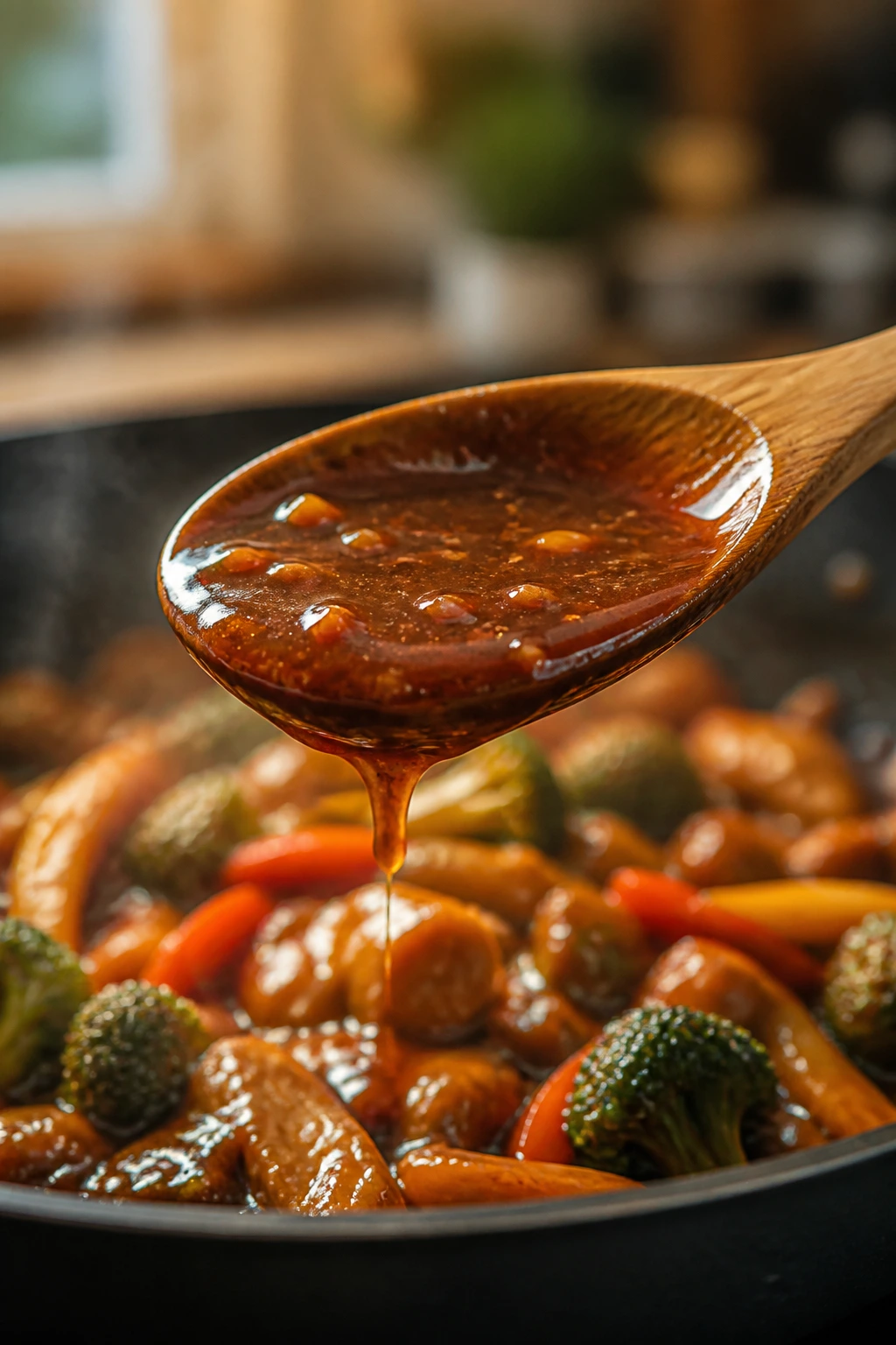 Close-up of sticky stir fry sauce on a wooden spoon in a warm kitchen