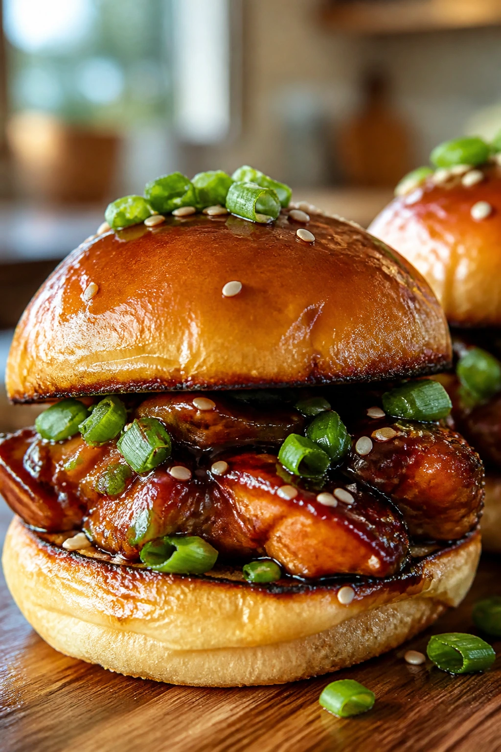 Close-up of classic sticky teriyaki chicken slider with scallions and sesame seeds