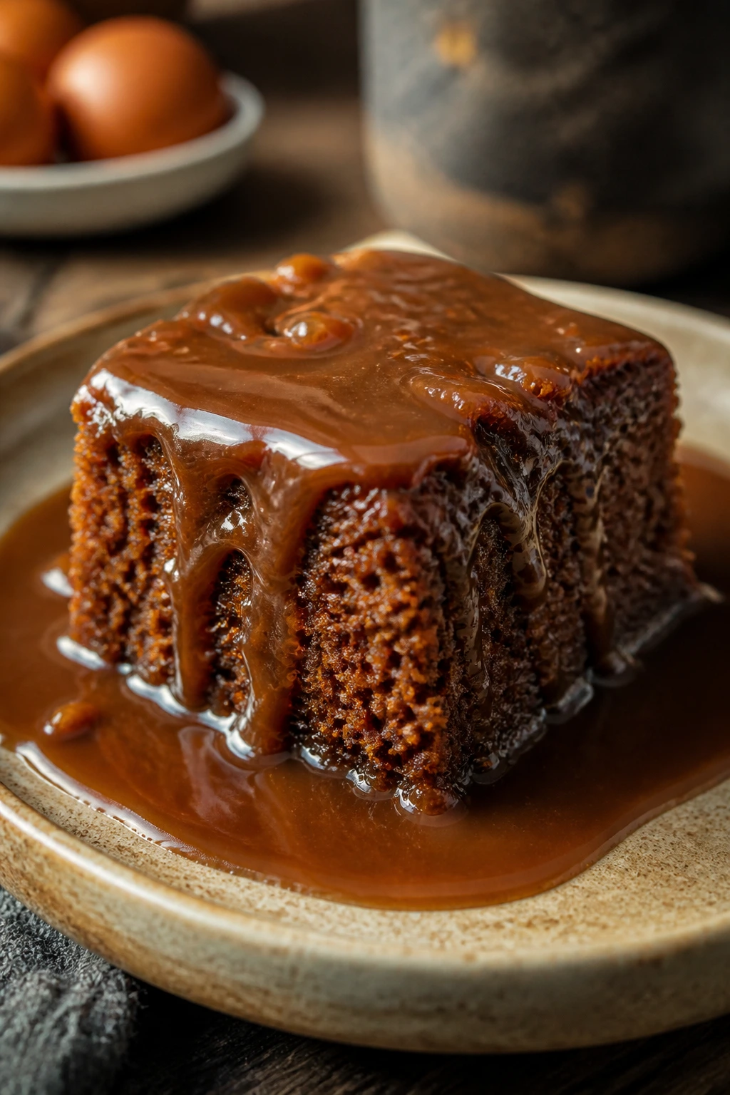 Close-up of sticky toffee pudding slice with toffee sauce