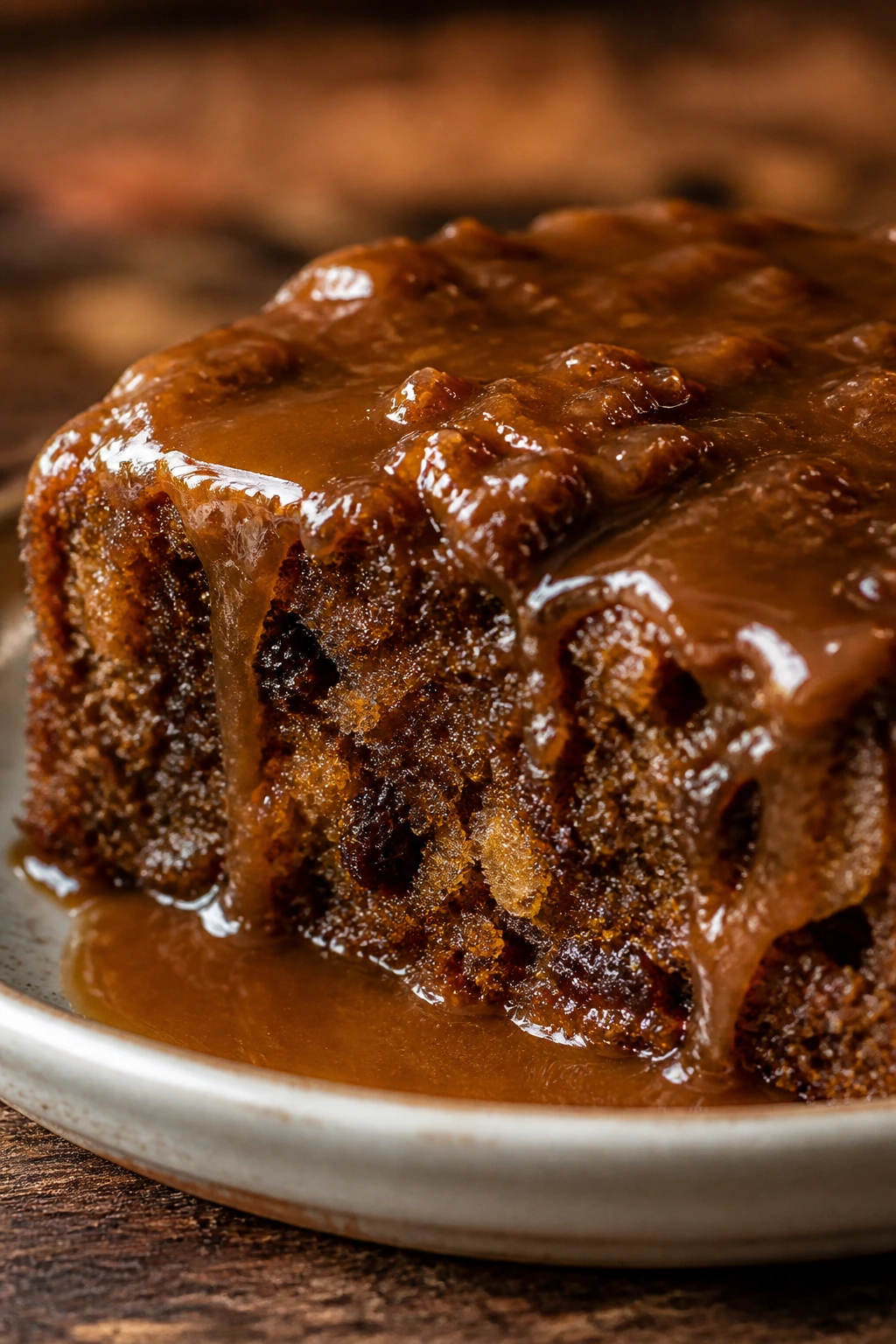 Sticky toffee pudding slice with toffee sauce on plate