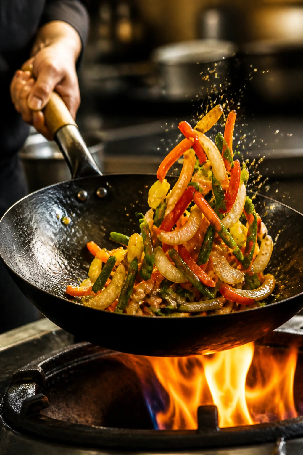 Hand tossing vegetables in a hot wok with steam and flame
