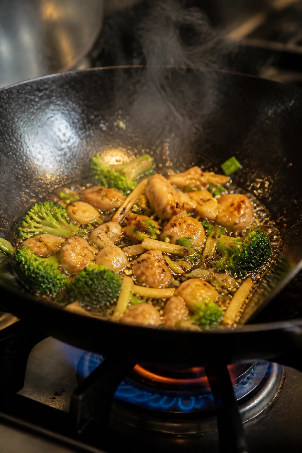 Close-up of sizzling aromatics in hot oil in a wok with chicken and broccoli in glossy sauce