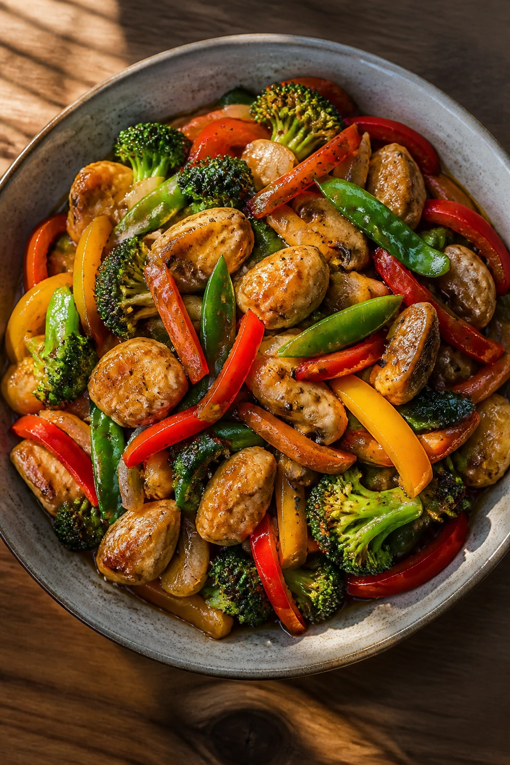Top-down view of a colorful stir-fry bowl