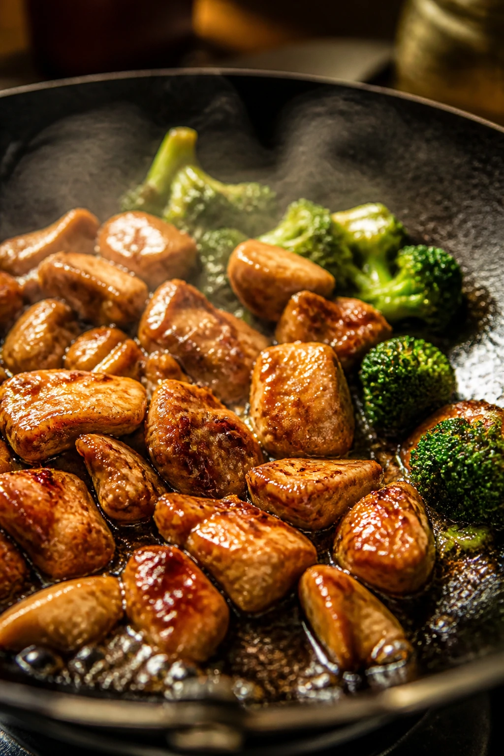Close-up of browned chicken in a hot wok with broccoli and glossy sauce