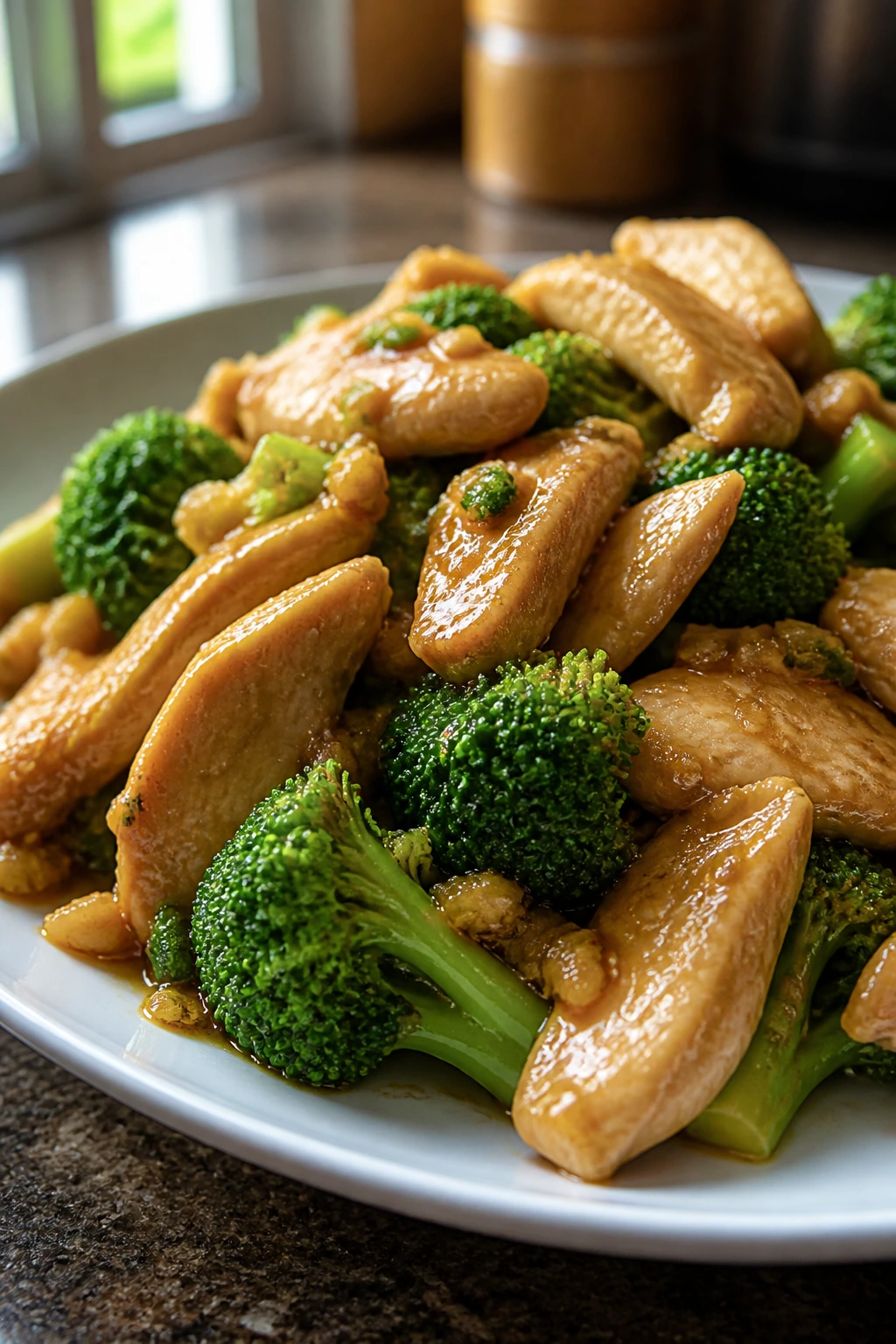 Close-up of garlic ginger chicken with broccoli on a plate