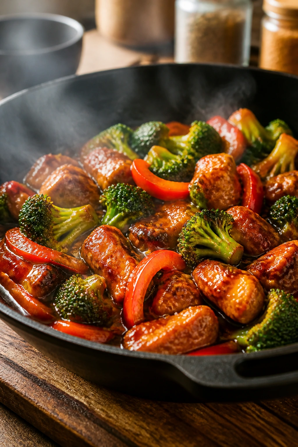 Glossy chicken and vegetable stir-fry with thick sauce in a skillet