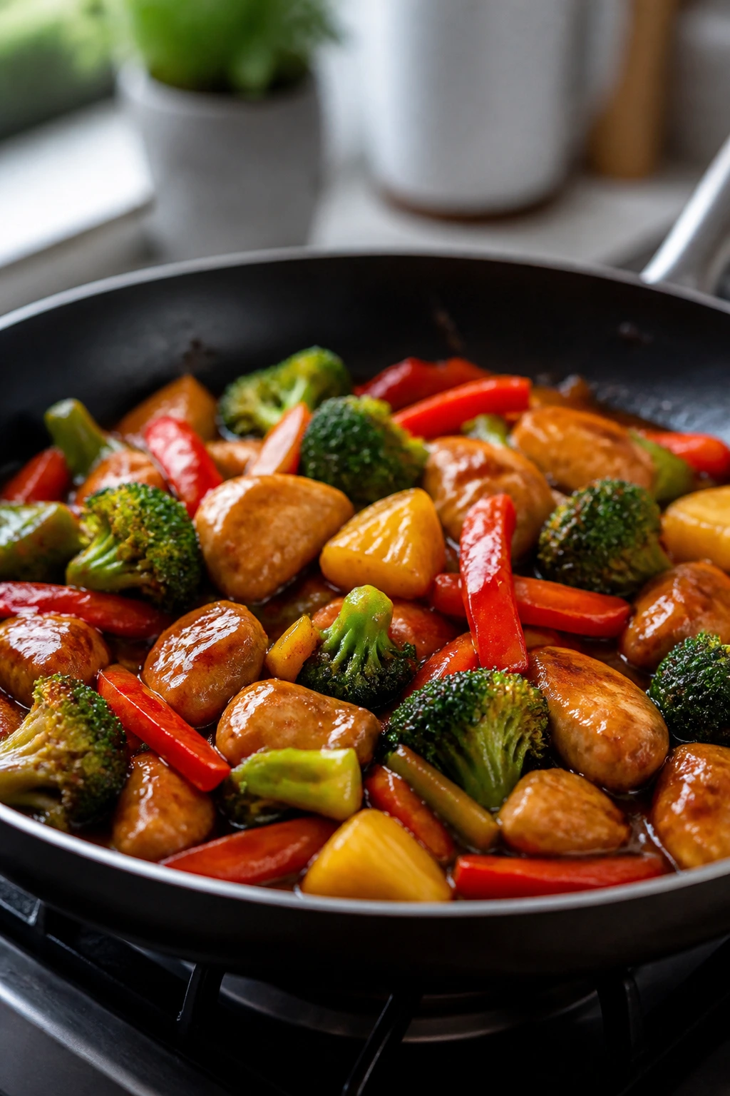 Stir fry with chicken and broccoli in a pan