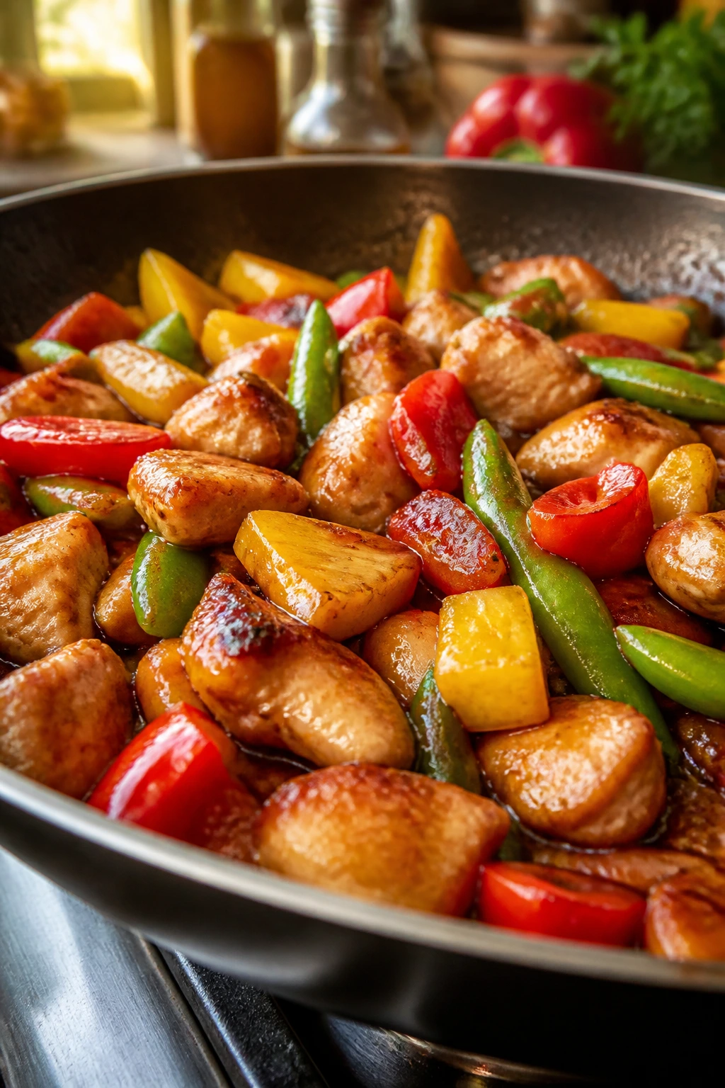 Glossy stir-fry in a skillet with chicken and vegetables filling the frame.