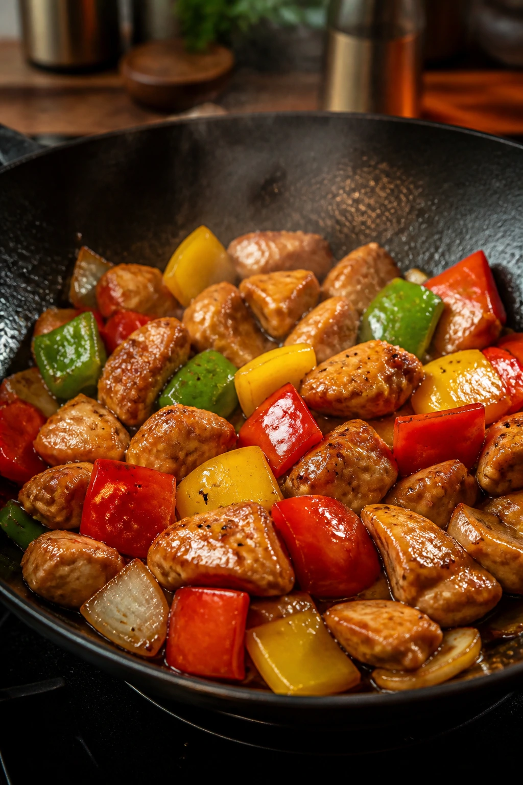 Close-up of glossy chicken stir fry with peppers in a wok on a stove